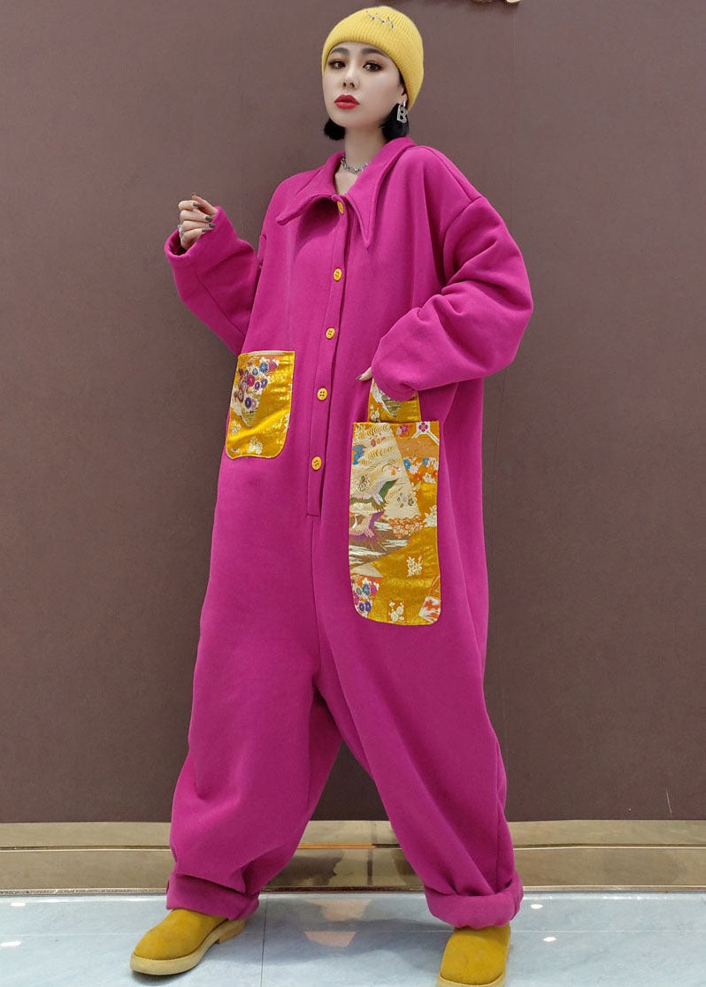 Naturroter Peter-Pan-Kragen mit Taschen Patchwork Warmer Fleece-Overall Frühling