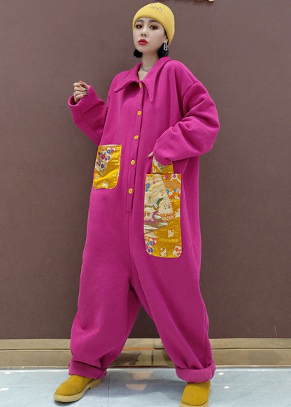 Naturroter Peter-Pan-Kragen mit Taschen Patchwork Warmer Fleece-Overall Frühling
