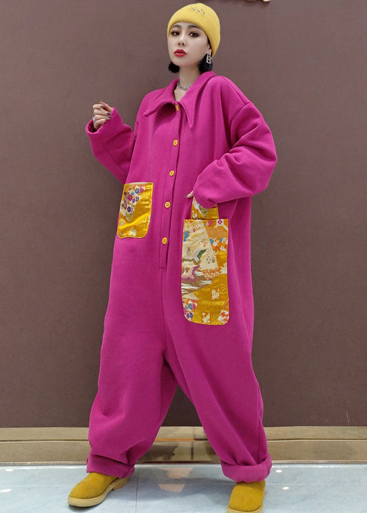 Naturroter Peter-Pan-Kragen mit Taschen Patchwork Warmer Fleece-Overall Frühling