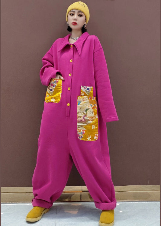 Naturroter Peter-Pan-Kragen mit Taschen Patchwork Warmer Fleece-Overall Frühling