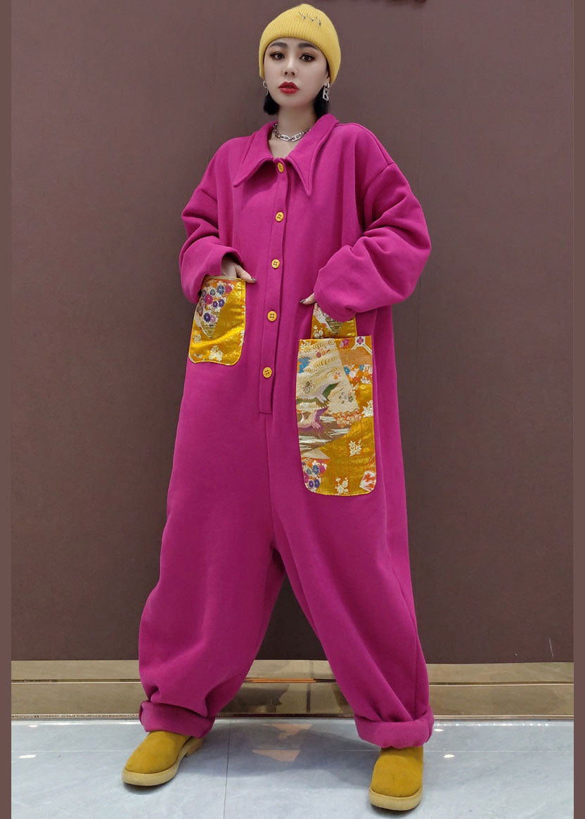 Naturroter Peter-Pan-Kragen mit Taschen Patchwork Warmer Fleece-Overall Frühling