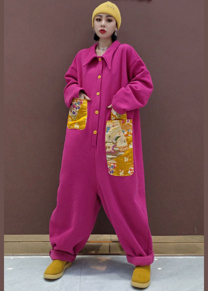 Naturroter Peter-Pan-Kragen mit Taschen Patchwork Warmer Fleece-Overall Frühling