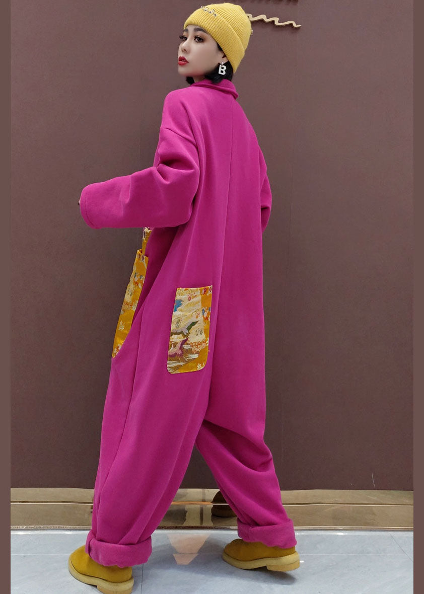 Naturroter Peter-Pan-Kragen mit Taschen Patchwork Warmer Fleece-Overall Frühling