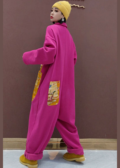 Naturroter Peter-Pan-Kragen mit Taschen Patchwork Warmer Fleece-Overall Frühling