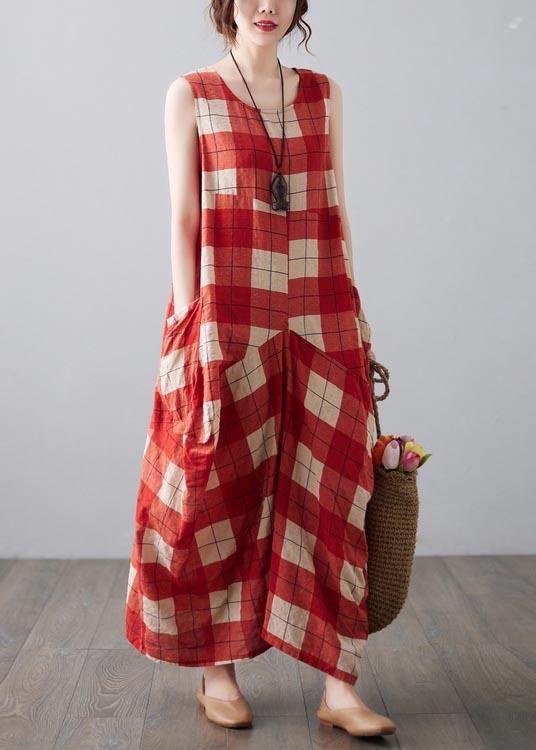 Natural Red Plaid Sleeveless Pockets Summer Dress - SooLinen