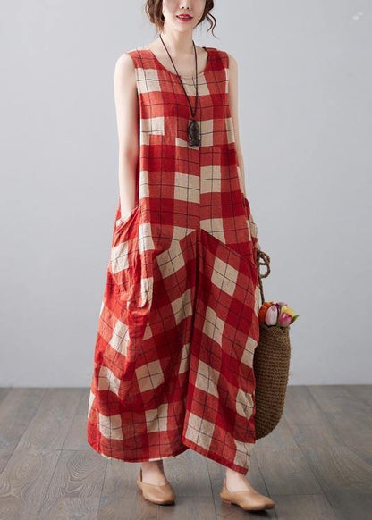 Natural Red Plaid Sleeveless Pockets Summer Dress - SooLinen