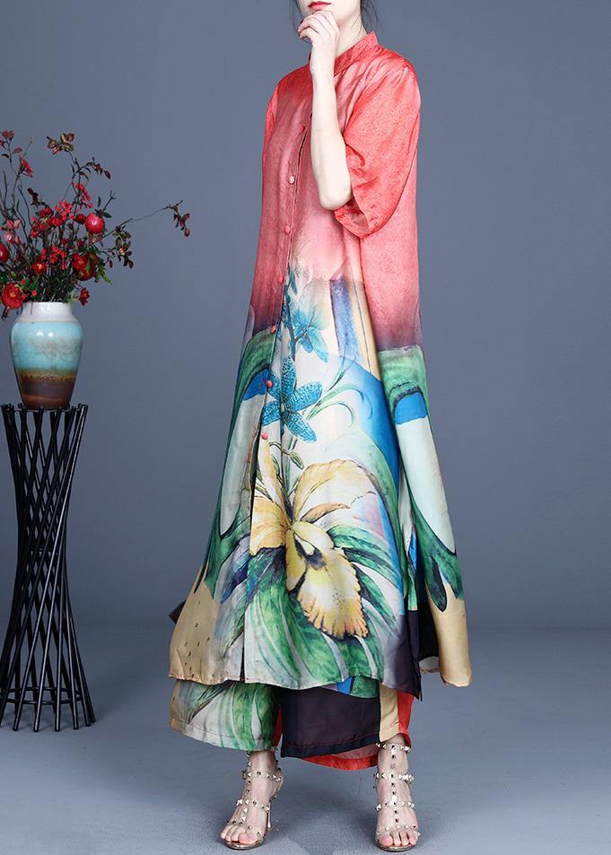 Natural Red Print Button Silk Women Sets Two Pieces Summer - SooLinen