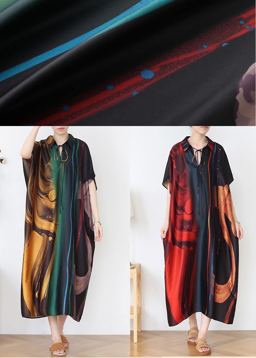 Natural Red Print Peter Pan Collar Summer Chiffon Dress - SooLinen