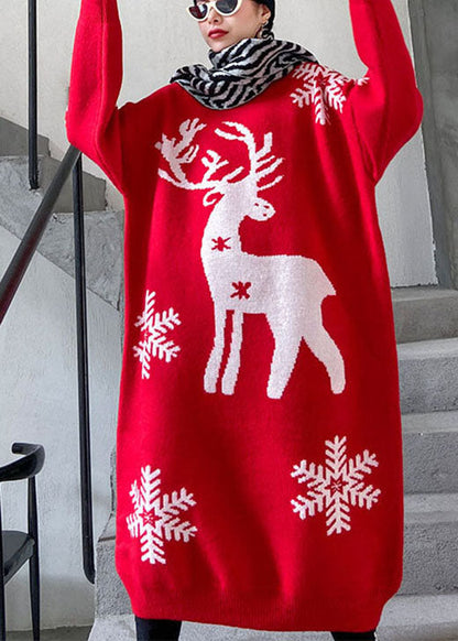 Dickes, lockeres Winter-Strickpulloverkleid mit natürlichem rotem Aufdruck