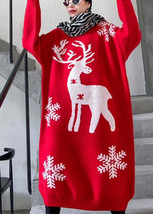 Dickes, lockeres Winter-Strickpulloverkleid mit natürlichem rotem Aufdruck