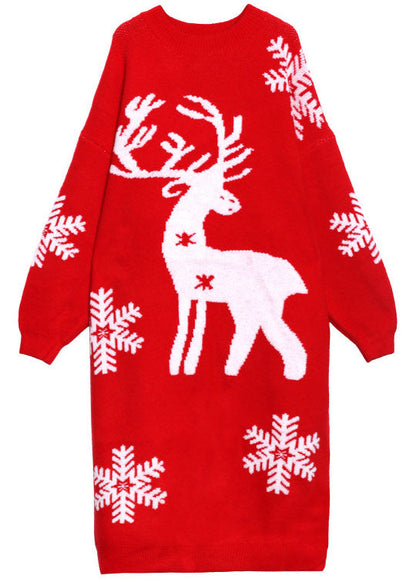 Dickes, lockeres Winter-Strickpulloverkleid mit natürlichem rotem Aufdruck