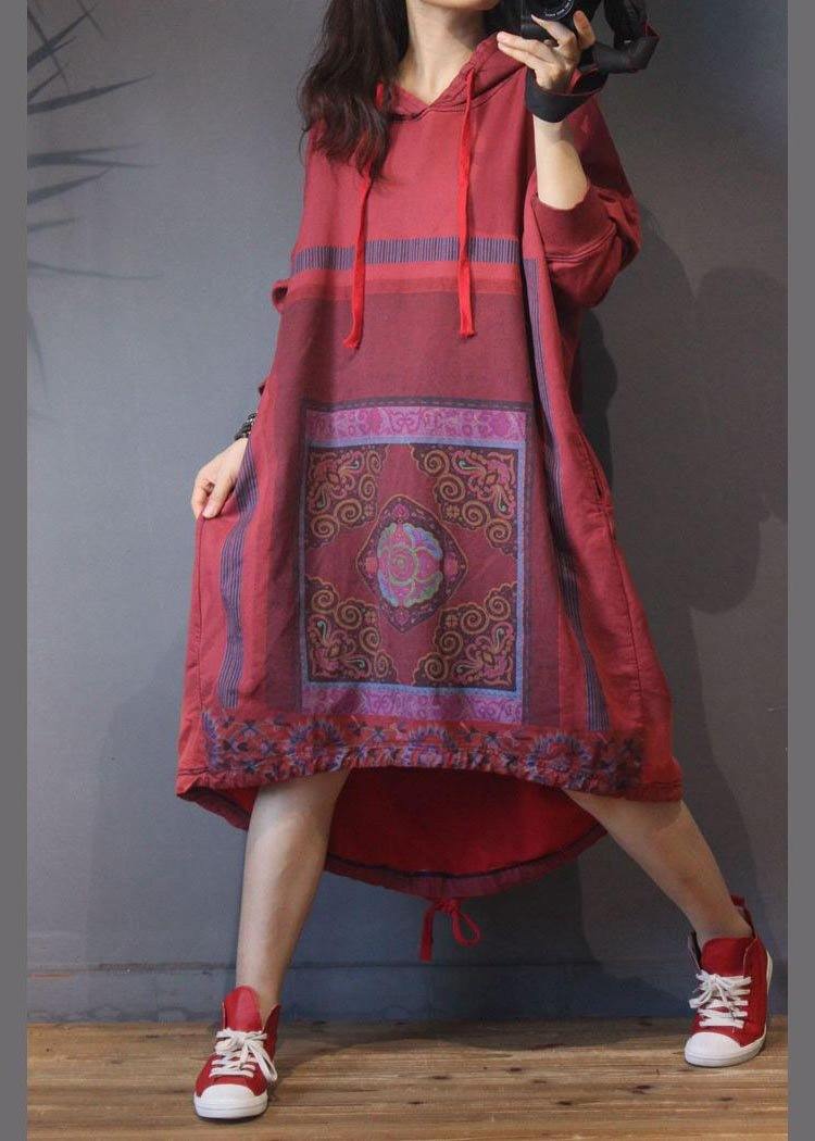 Natural Red Print low high design Dresses Summer Cotton Dress - SooLinen