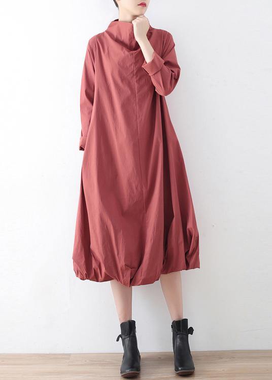 Natural Red Stand Asymmetrical Design Fall Cotton Long Dress - SooLinen
