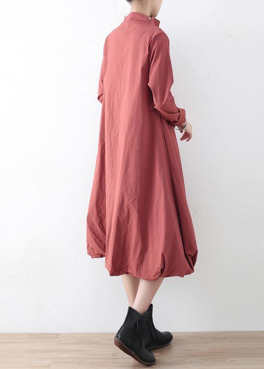 Natural Red Stand Asymmetrical Design Fall Cotton Long Dress - SooLinen