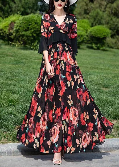 Natürliches rotes V-Ausschnitt-Chiffon-Urlaubskleid mit Rüschen