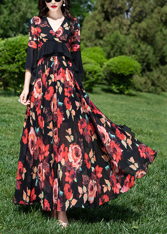 Natürliches rotes V-Ausschnitt-Chiffon-Urlaubskleid mit Rüschen