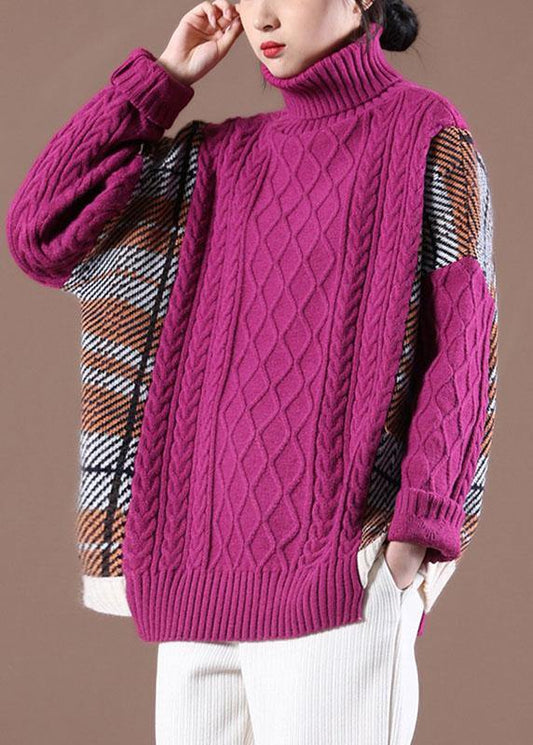 Natural Rose Patchwork High neck Casual Fall Knit Sweater - SooLinen