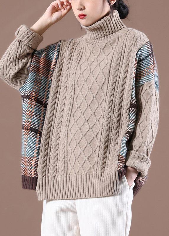 Natural Rose Patchwork High neck Casual Fall Knit Sweater - SooLinen
