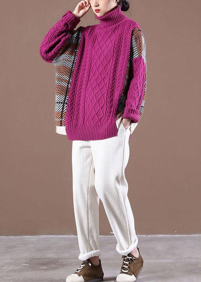 Natural Rose Patchwork High neck Casual Fall Knit Sweater - SooLinen