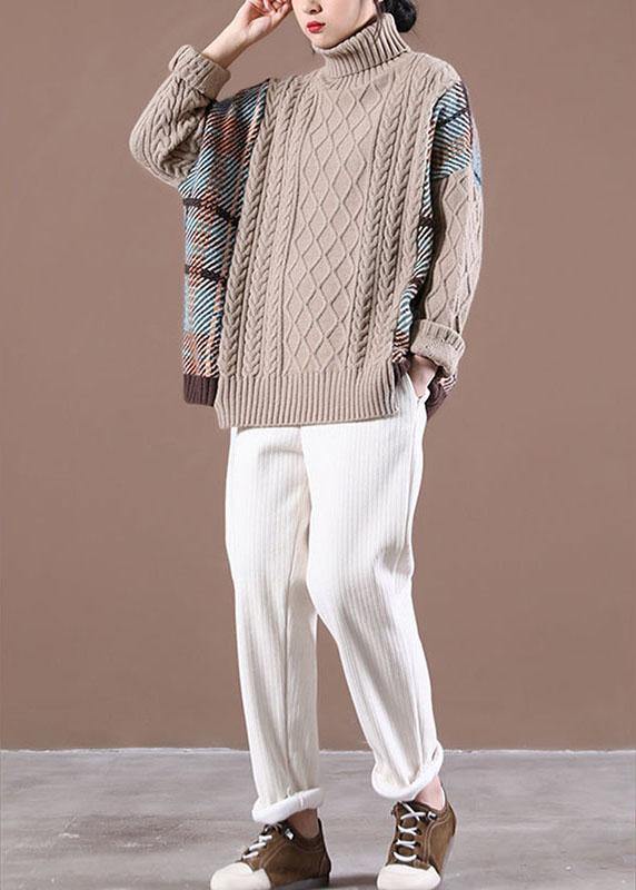Natural Rose Patchwork High neck Casual Fall Knit Sweater - SooLinen