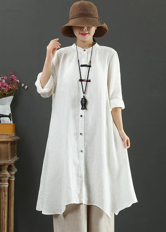 Natural Stand Collar Asymmetric Spring Blouse Inspiration White Shirt - SooLinen
