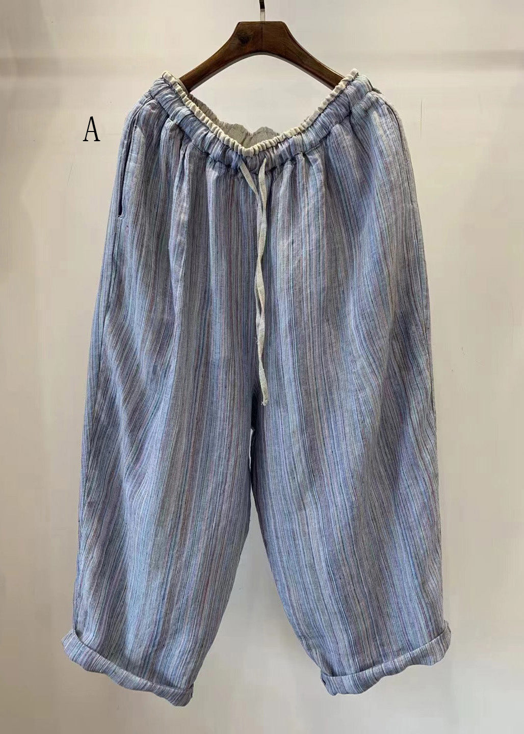 Natural Striped Elastic Waist Lace Up Linen Pants Summer