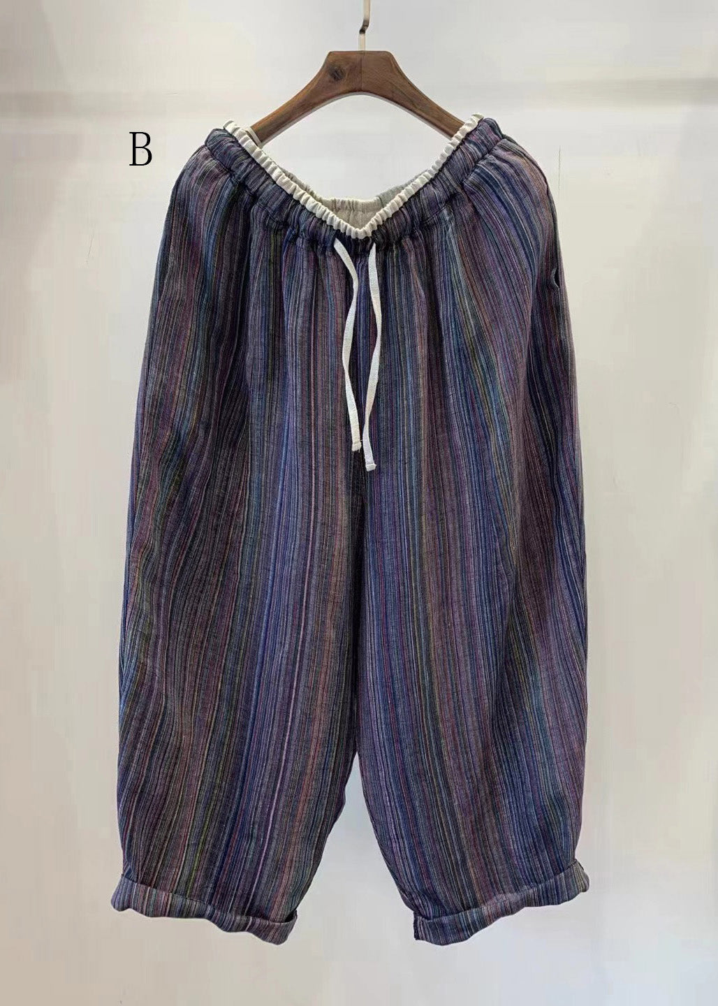 Natural Striped Elastic Waist Lace Up Linen Pants Summer