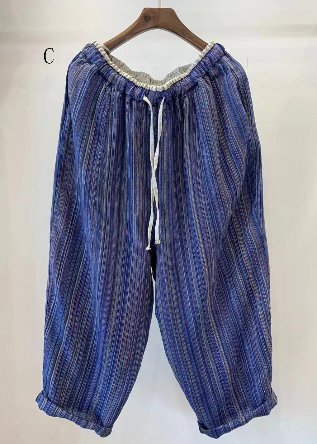 Natural Striped Elastic Waist Lace Up Linen Pants Summer