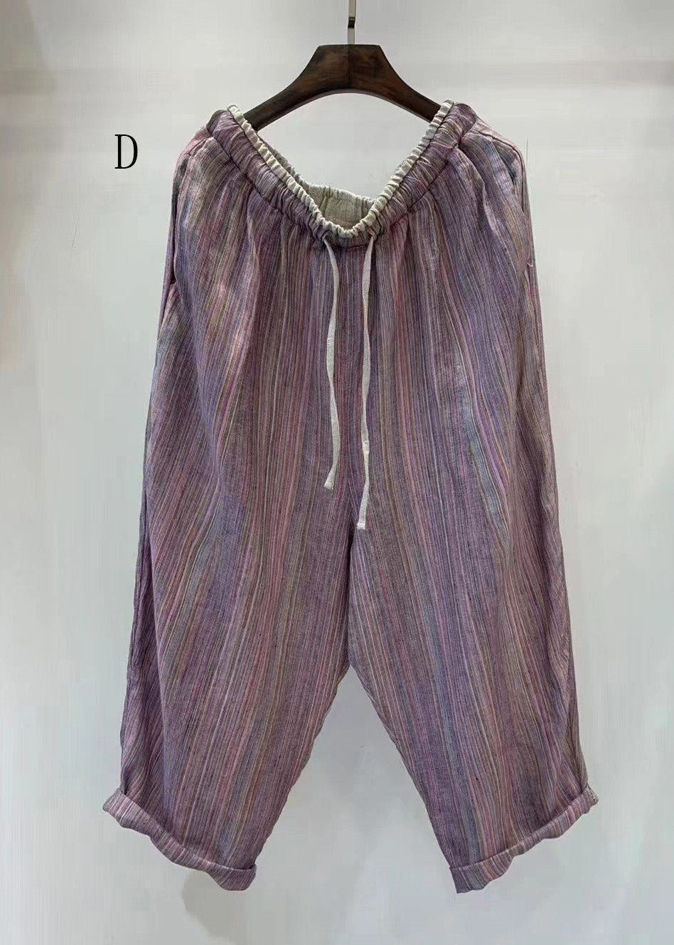 Natural Striped Elastic Waist Lace Up Linen Pants Summer
