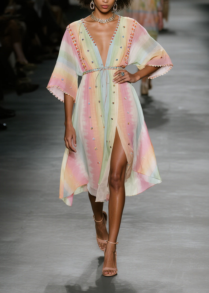 Natural Tie Dye Side Open Chiffon Beach Dress Half Sleeve