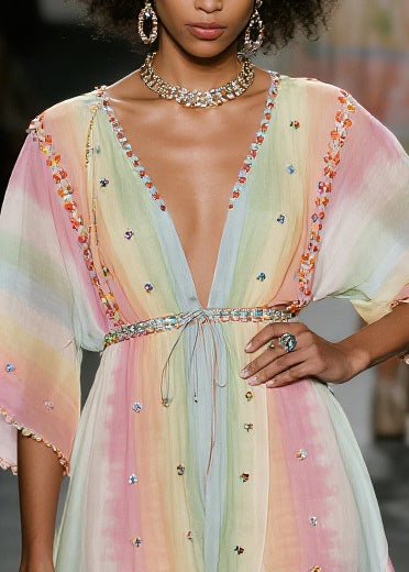 Natural Tie Dye Side Open Chiffon Beach Dress Half Sleeve