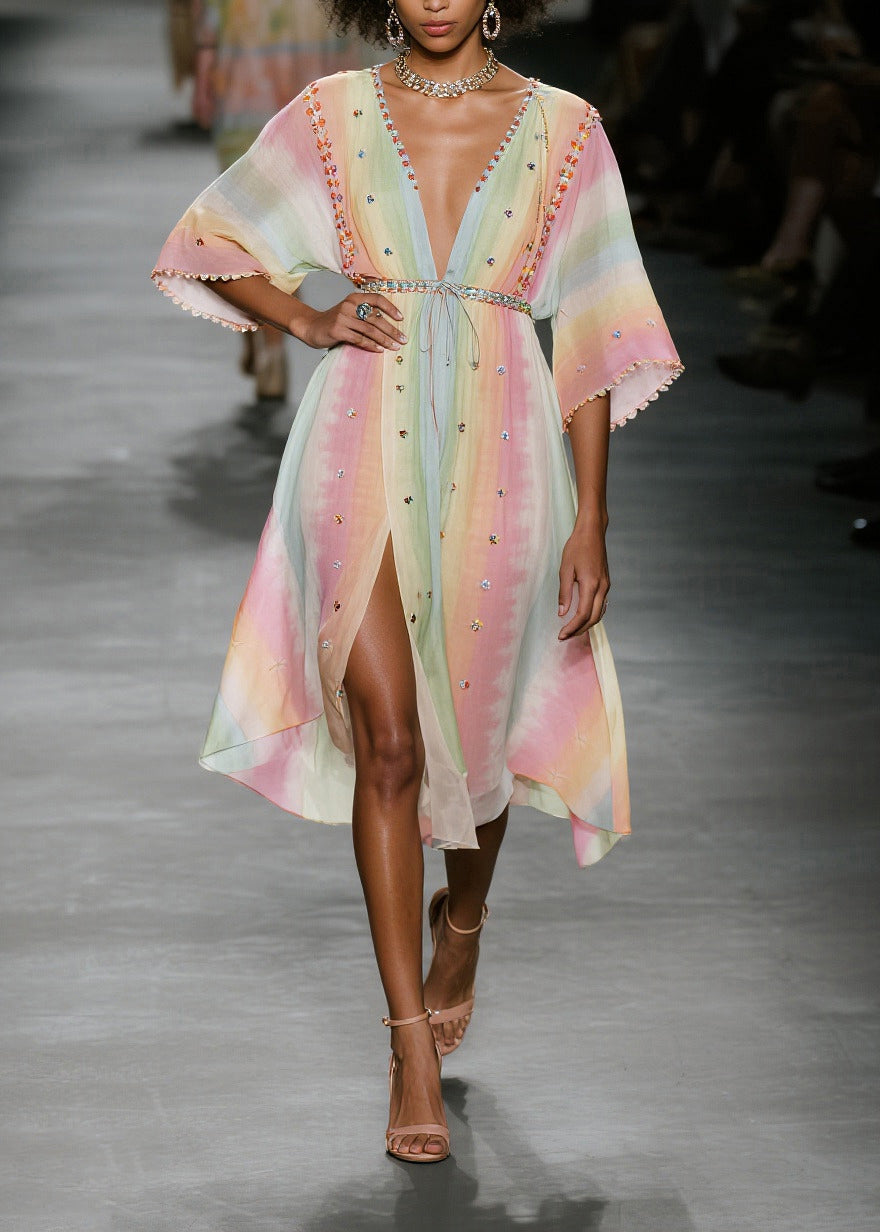 Natural Tie Dye Side Open Chiffon Beach Dress Half Sleeve