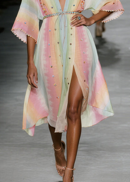 Natural Tie Dye Side Open Chiffon Beach Dress Half Sleeve