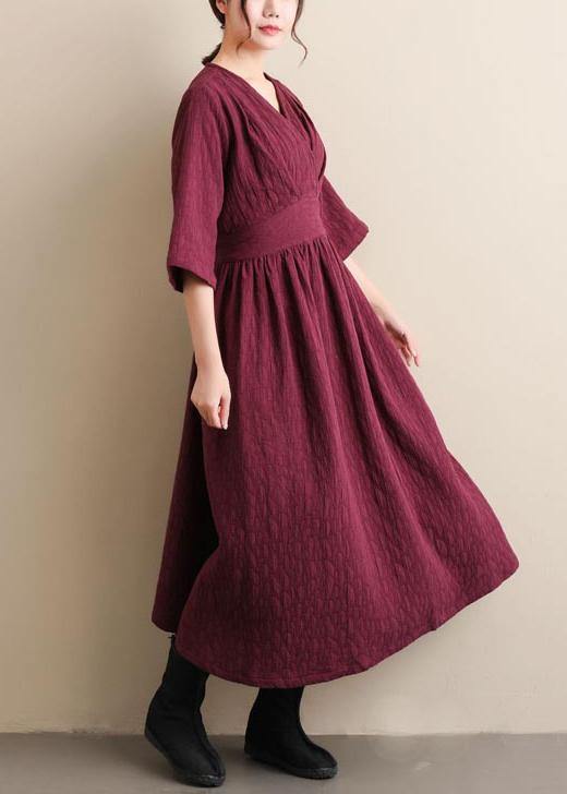 Natural V Neck Cinched Spring Quilting Clothes Pattern Burgundy Maxi Dress - SooLinen