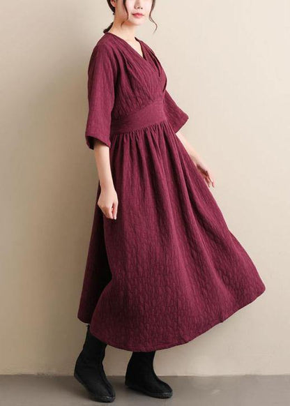 Natural V Neck Cinched Spring Quilting Clothes Pattern Burgundy Maxi Dress - SooLinen