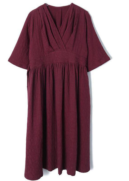 Natural V Neck Cinched Spring Quilting Clothes Pattern Burgundy Maxi Dress - SooLinen