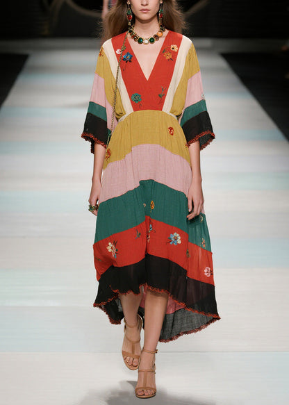 Natural V Neck Floral Patchwork Cotton Long Dress Summer
