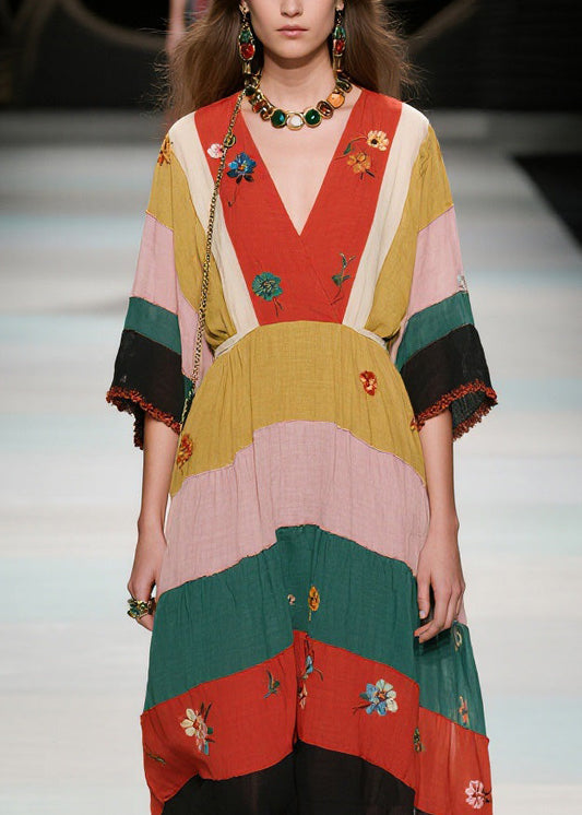 Natural V Neck Floral Patchwork Cotton Long Dress Summer