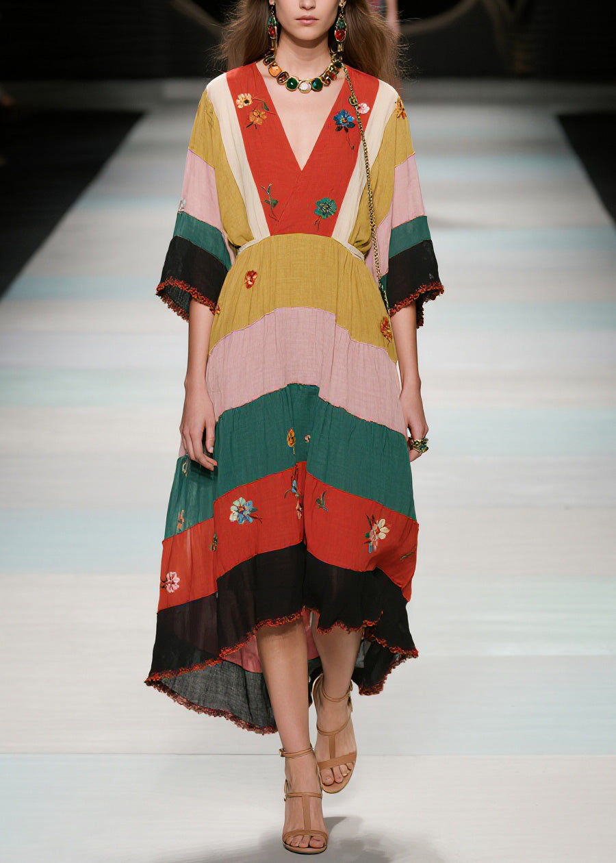 Natural V Neck Floral Patchwork Cotton Long Dress Summer
