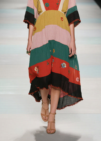 Natural V Neck Floral Patchwork Cotton Long Dress Summer