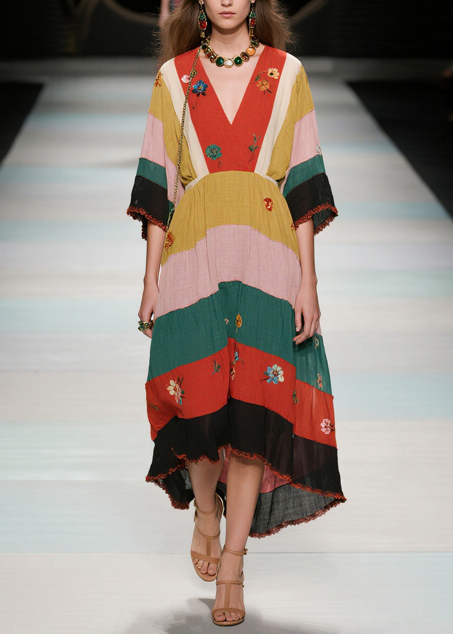 Natural V Neck Floral Patchwork Cotton Long Dress Summer