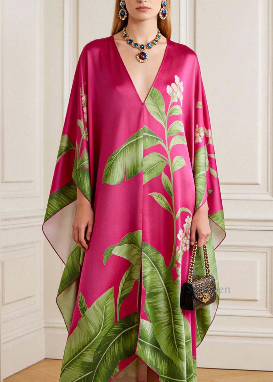 Natural V Neck Print Chiffon Maxi Dresses Batwing Sleeve