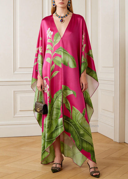 Natural V Neck Print Chiffon Maxi Dresses Batwing Sleeve