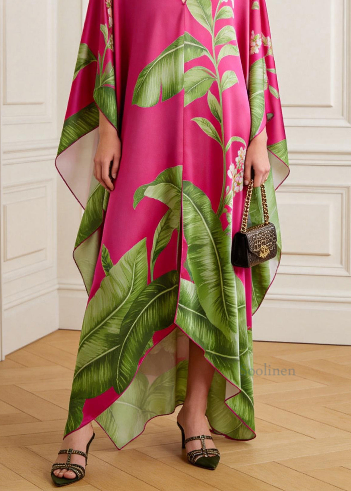 Natural V Neck Print Chiffon Maxi Dresses Batwing Sleeve