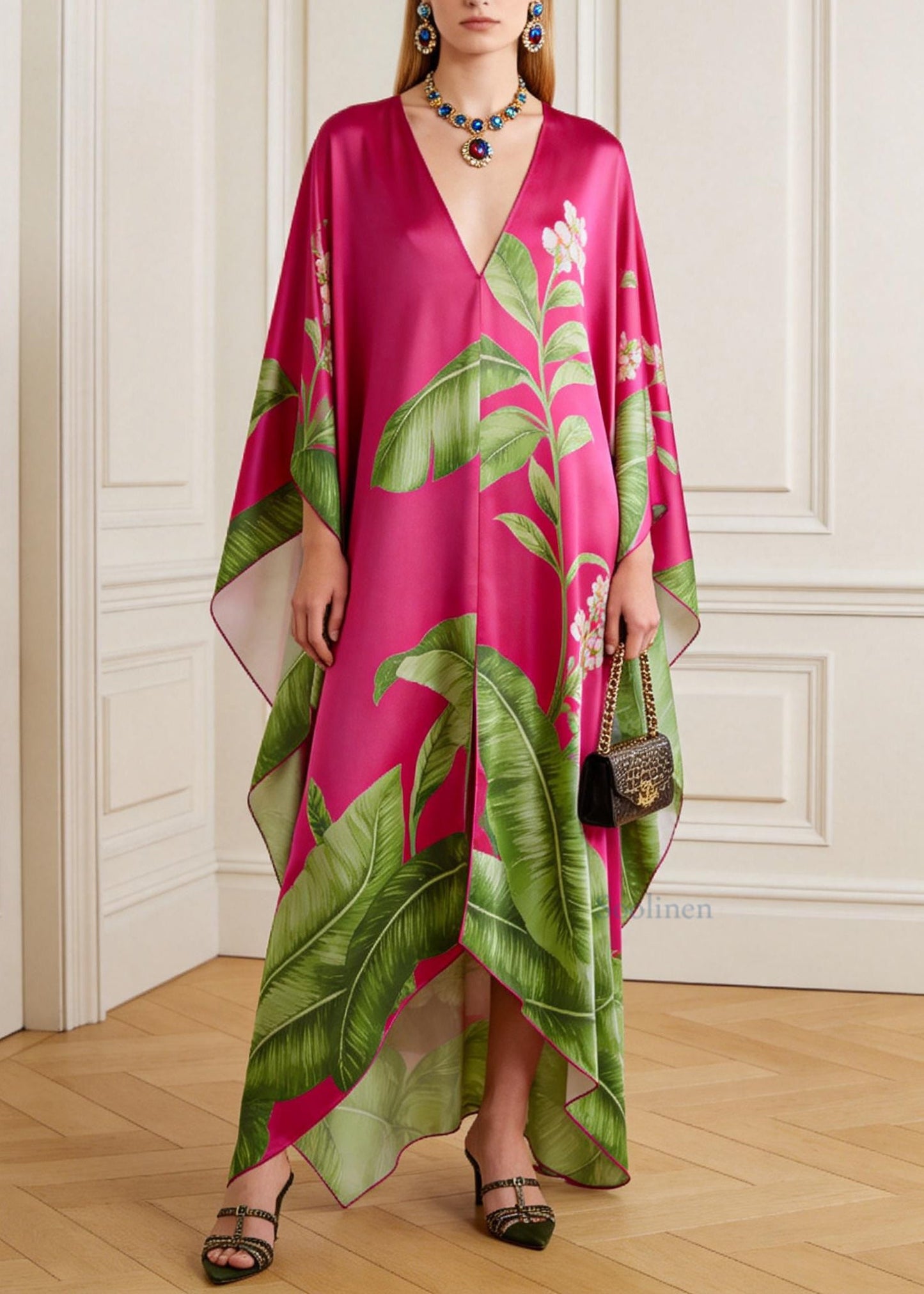 Natural V Neck Print Chiffon Maxi Dresses Batwing Sleeve
