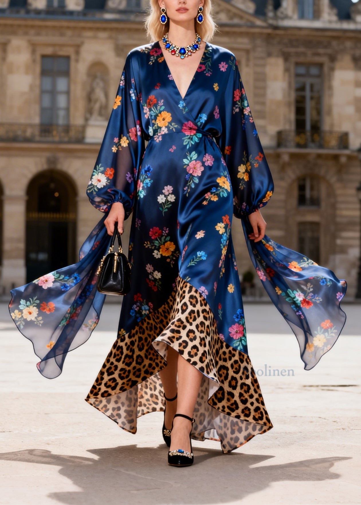 Natural V Neck Print Patchwork Silk Maxi Dresses Summer