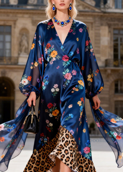 Natural V Neck Print Patchwork Silk Maxi Dresses Summer