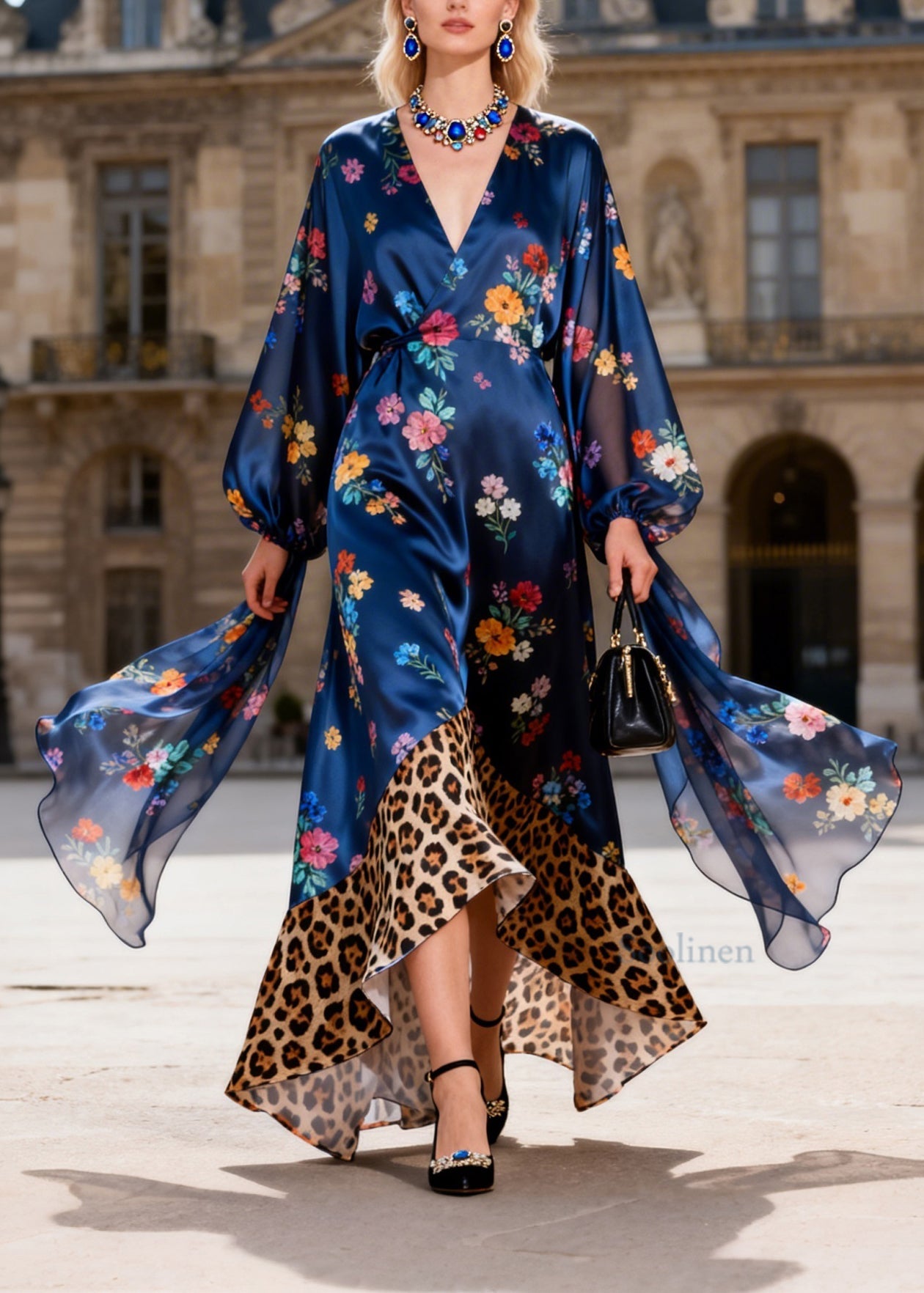 Natural V Neck Print Patchwork Silk Maxi Dresses Summer