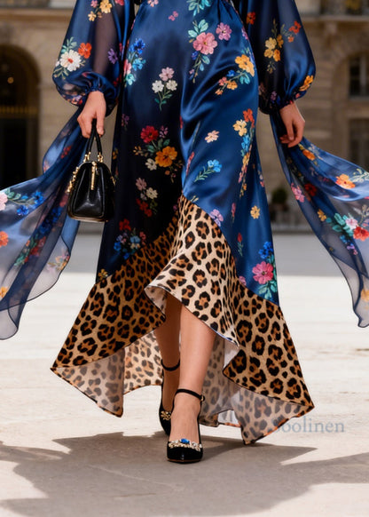 Natural V Neck Print Patchwork Silk Maxi Dresses Summer