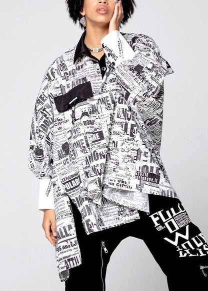 Natürliches weißes asymmetrisches grafisches Baumwollhemd Tops Frühling